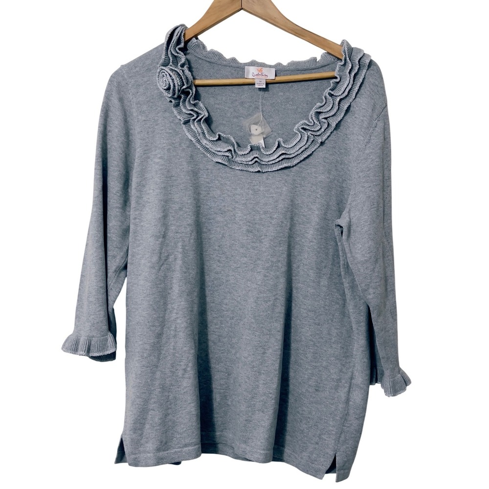 Quacker Factory Women Sweater Medium Gray Ruffle Trim Rose Detail 3/4 Sleeve Top